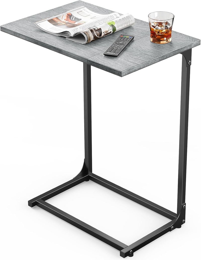 Pipishell C-Shaped Side Table, C Table for Sofa with Two-Piece Desktop & Metal Frame, Large Surface End Table for Living Room, Bedroom, Bedside, Rustic Design, Grey - Image 1